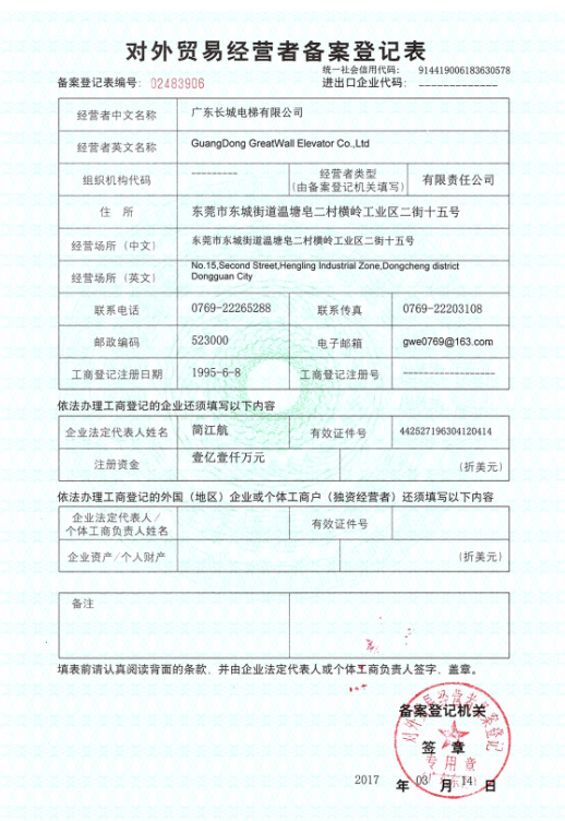 Record Registration Form of Foreign Trade Operators